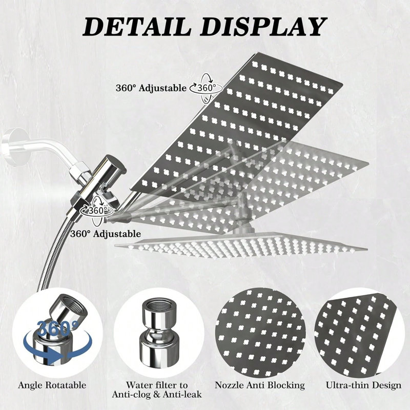 Ensemble de douche mural chromé, pommeau de douche carré effet pluie de 30 cm avec bras d'extension réglable de 23 cm et douchette à main à 3 jets, flexible de 150 cm, hauteur réglable