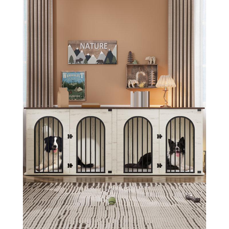71" White and Brown Heavy Duty Dog Crate Furniture with Divider