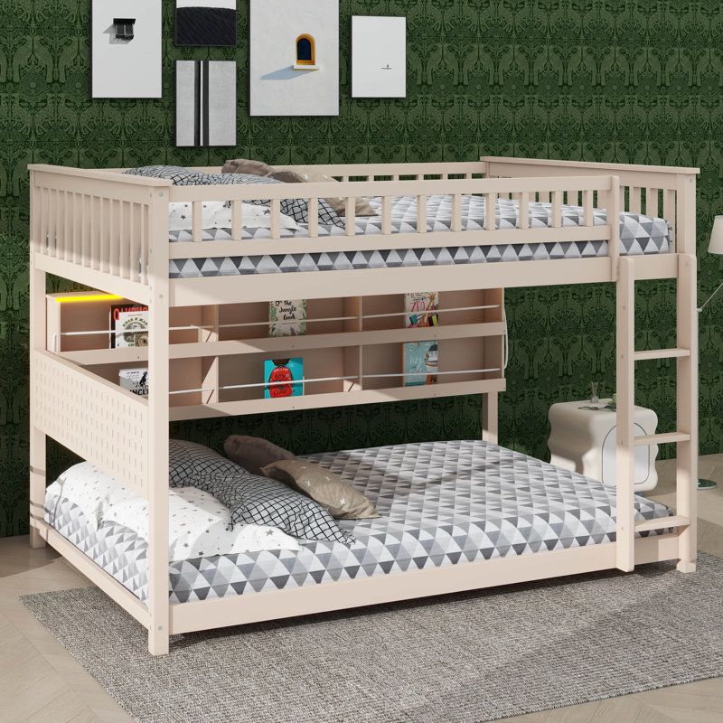 Lit superposé double au-dessus de double avec tablettes intégrées, éclairage réglable et panneaux perforés, Beige