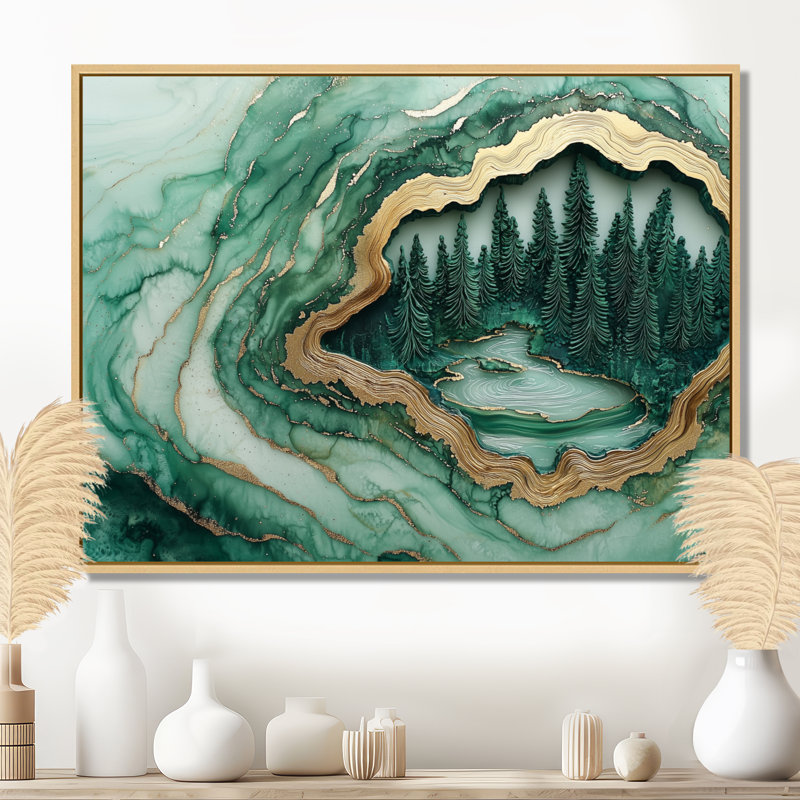 Paysage d'hiver avec forêt émeraude II - forêt, art mural, H 30 po x l 40 po, Cadre flottant, Doré