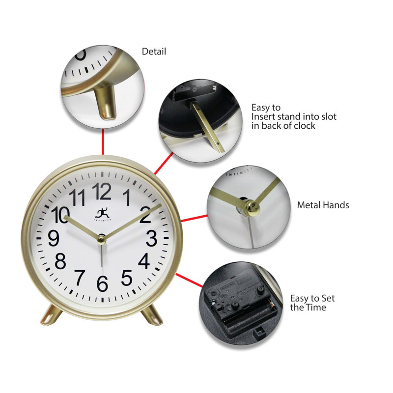 Table Clock Round Plastic Tabletop Clock with Alarm Function 5.75 Inches, Gold