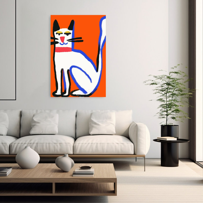 Playful White Cat Abstract Contemporary Cat Wall Art Print 1 Piece Wrapped Canvas Wall Art, 152.4cm H x 101.6cm W