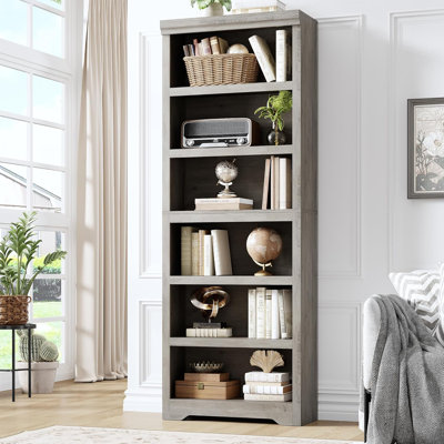 75"6-Tier Farmhouse Bookcase with Adjustable Shelves, Open Display Storage Bookshelf for Home Office, Living Room, Study or Balcony