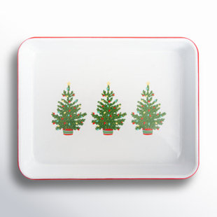 Crow Canyon Enamelware Helmsie x CCH Christmas Trees Small Rectangular Tray, Red Rim