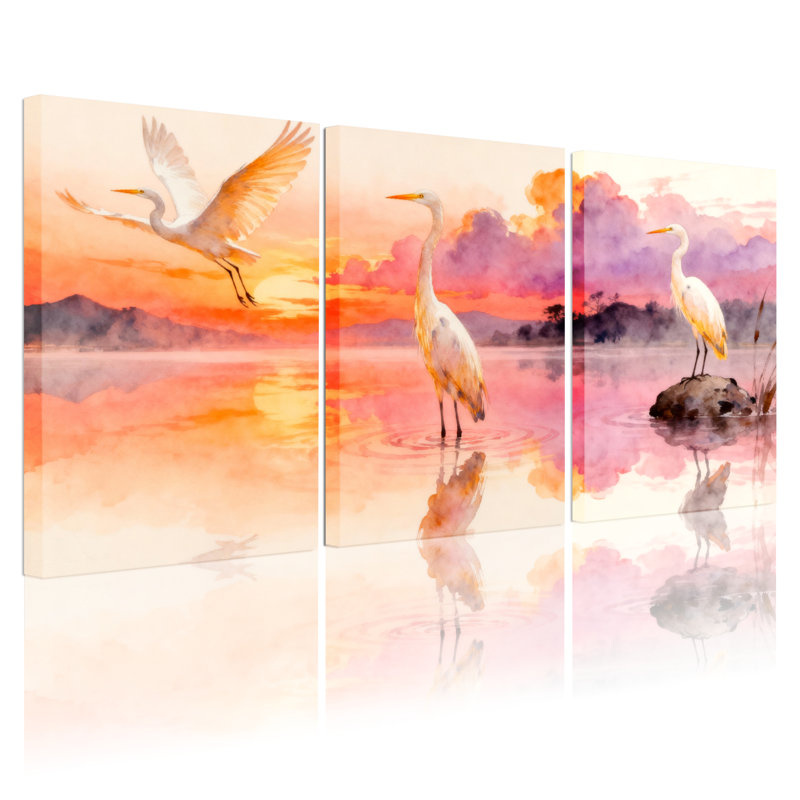 Ensemble de 3 tableaux muraux aquarelle représentant un coucher de soleil avec des aigrettes, H 30 po x l 60 po