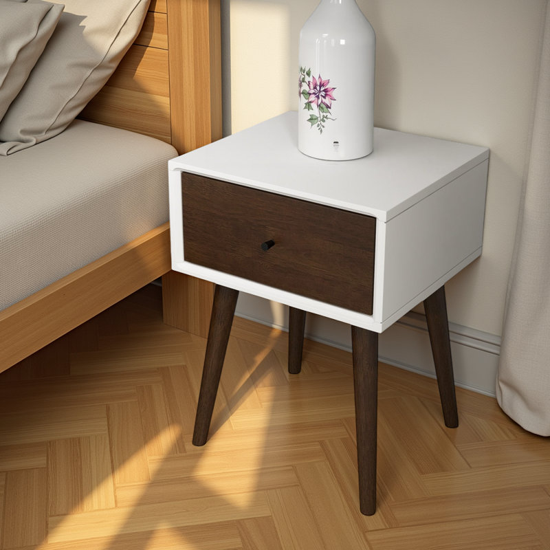 Table de chevet Avery Mid-Century Modern - 1 tiroir en bois massif (blanc et noyer)?