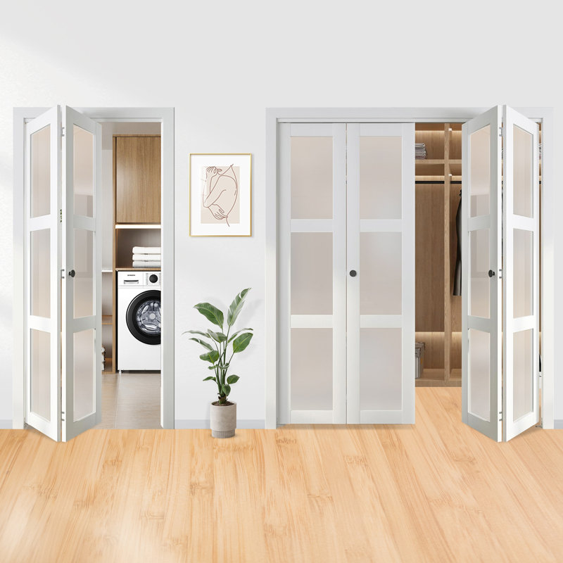 Porte de grange pliante en verre givré pliable 3-Lite avec trousse de quincaillerie d'installation, 36 po x 80 po, Blanc
