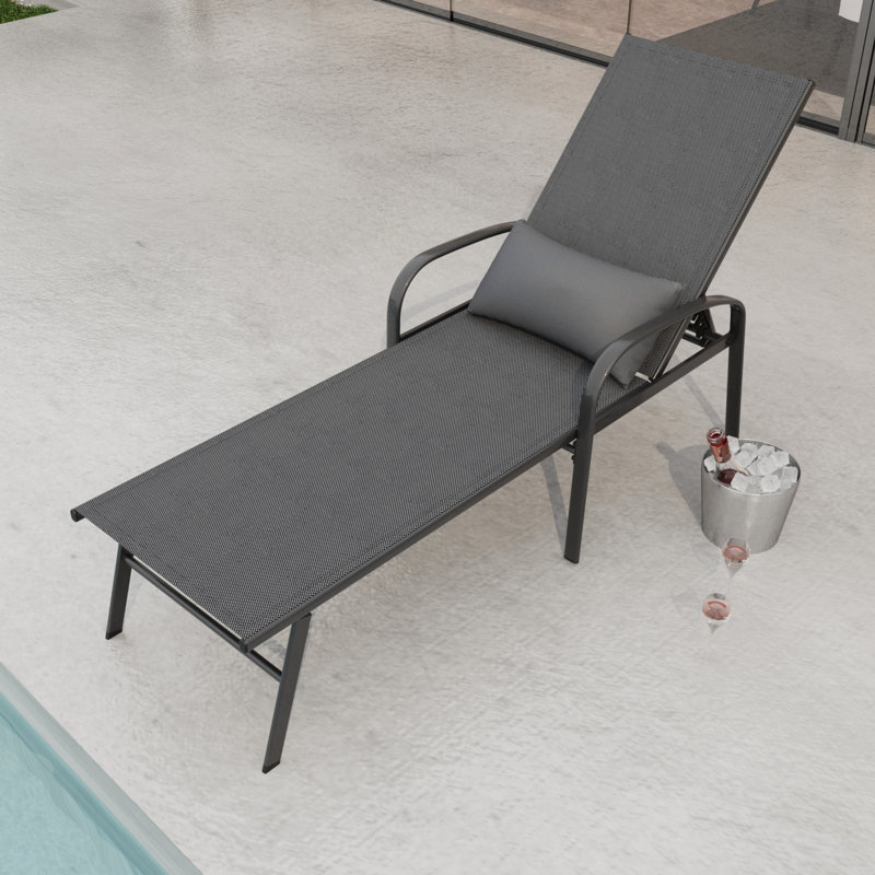 Gray Outdoor Patio Swimming Pool Lounge With Pillow - Steel Construction, Rustproof, Breathable Fabric, Adjustable In Frame, Rust Resistance, 5 Positions