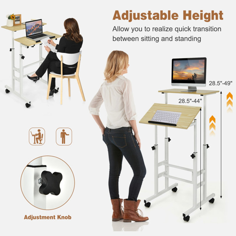 24'' W Laptop Cart with Wheels, Natural/White