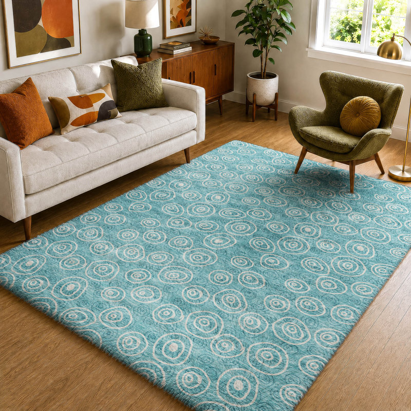 Tapis Dream Shag ADS728 à cercles, lavable à la machine de qualité supérieure, Teal, 9' x 12'