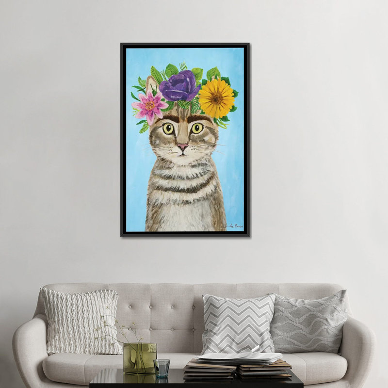 « Frida Kahlo Cat Blue » par coco de Paris-impression, Pas de tapis, H 48 po x l 32 po x P 1,5 po, Toile avec cadre noir