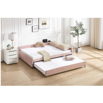 Upholstered Daybed with Trundle,sturdy wooden bed frame, modern diamond grid design,for Bedroom, Guest Room (Pink)