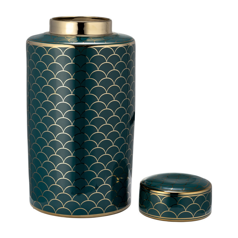 Stoneware Ceramic Decorative Jar with Scalloped Motif and Removable Lid Glam Style Highlighted by Metallic Accents and Gloss Glaze for Display and Storage in Interior Design Arrangements