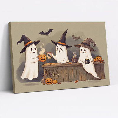 Adorables fantômes en chapeaux de sorcière dans un bar en bois - Toile murale d'Halloween