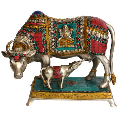 Handmade 10-Inch Brass Cow and Calf Statue with Lakshmi & Ganesha Inlay | Indian Artisan Sculpture for Home Decor