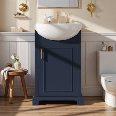 20-inch Bathroom Vanity with Ceramic Sink, Freestanding Single Vanity Set with Soft Closing Door, Bulged Ceramic Basin, French Style