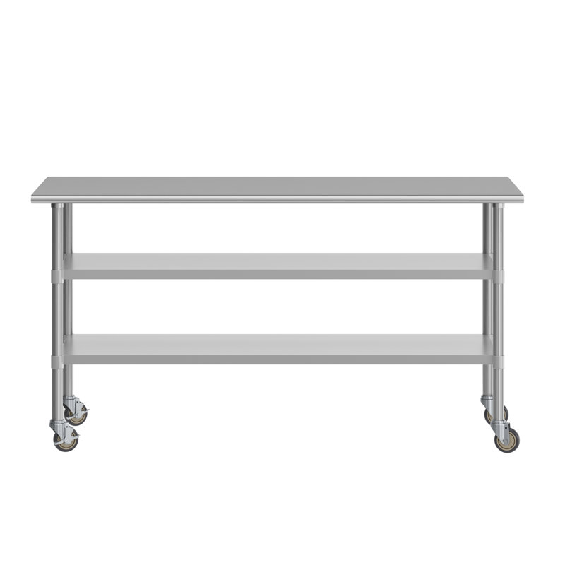Table de travail commerciale en acier inoxydable avec deux tablettes et roulettes, H 34,5 po x L 72 po x l 30 po