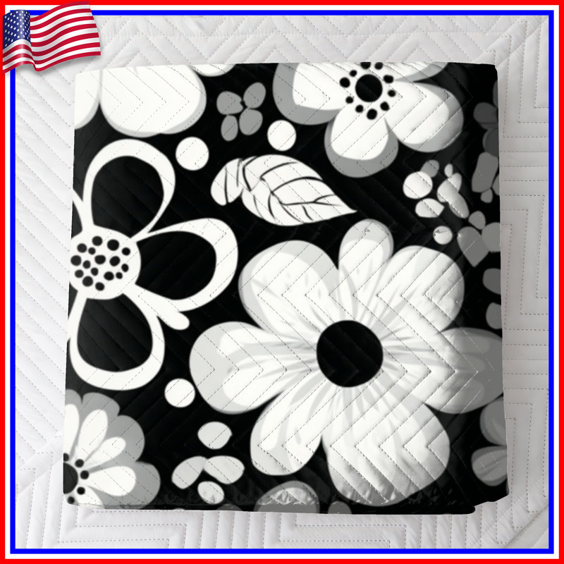 Couvre-lit matelassé à motif floral noir et blanc toutes tailles, Très grand lit