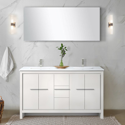 White Double Bath Vanity 60 In. W X 20 In. D, White Quartz Top And Brushed Nickel Faucet Set