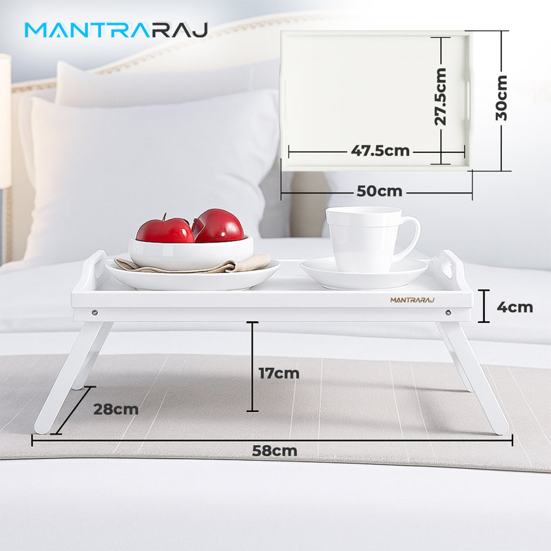 Myon Tray Bamboo Bed Tray Table with Foldable Legs And Handles Breakfast Tray Lap Tray (White)