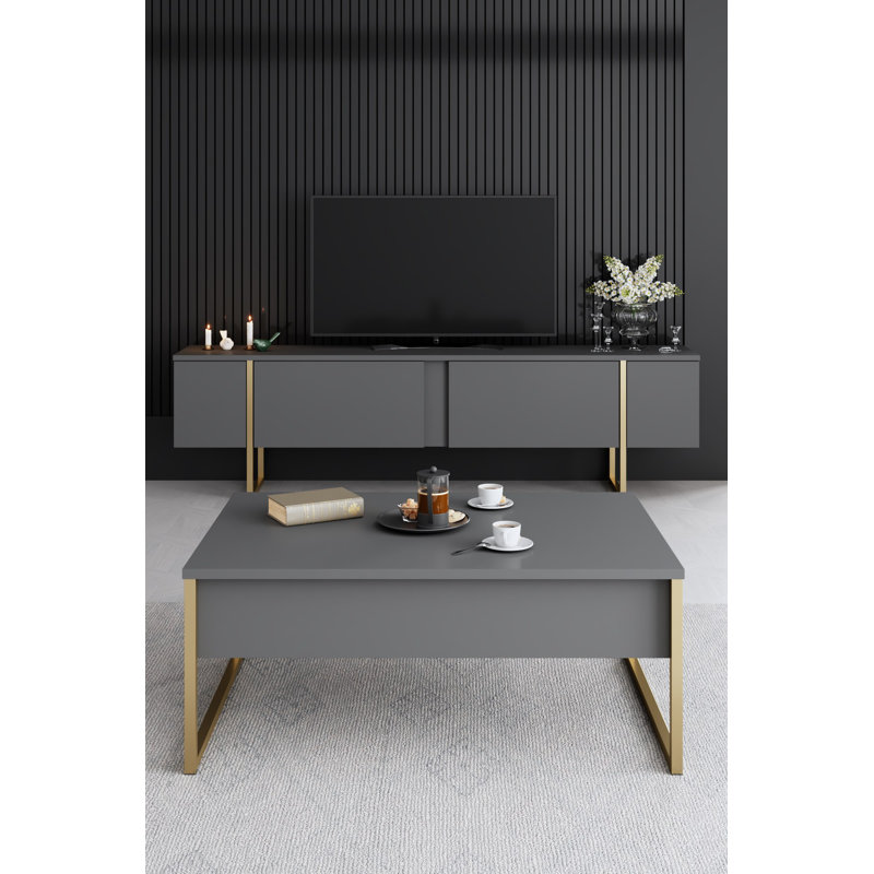 Ensemble de mobilier de salon moderne (3 pièces) - anthracite et or, console (63 x 14 x 31,5 po), meuble télé (71 x 11,8 x 19,7 po), table basse (35,4 x 23,6 x 15,7 po) | Panneau de particules 100% enduit de mélamine, pieds en métal durables, design élégant