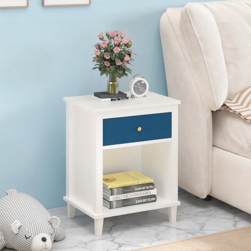 Table de chevet en bois avec un tiroir et une tablette, Blanc / Bleu marine