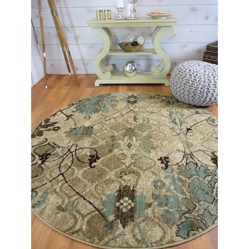 Tapis beige / bleu en laine Roodhouse, Rond 5 pi