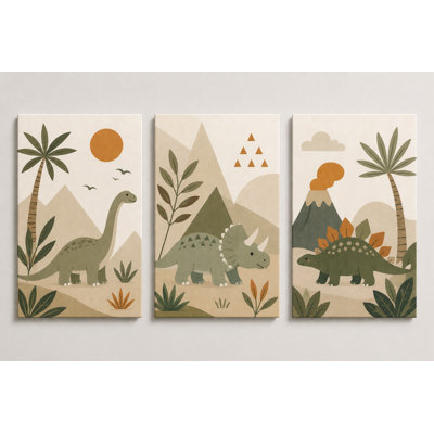 Grand ensemble de 3 impressions murales sur toile de dinosaure safari mignon, jungle Dino, impression sur toile pour chambre d'enfant, impression sur toile 16 x 24 pouces - prête à être accrochée