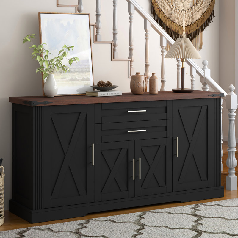 63" Buffet With 2 Drawers, Door Rack, Adjustable Shelves For Dining Room, Entryway, High - Quality Hinge, Safe And , Black Barn Table 4 Doors, Kitchen Smooth Drawer Slides, Stable