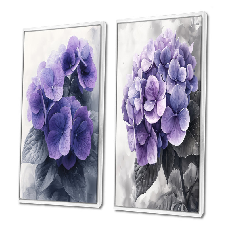 Hydrangée mauve mauve I - Collection d'art mural floral 2 panneaux, H 28 po x l 25 po, Cadre flottant blanc