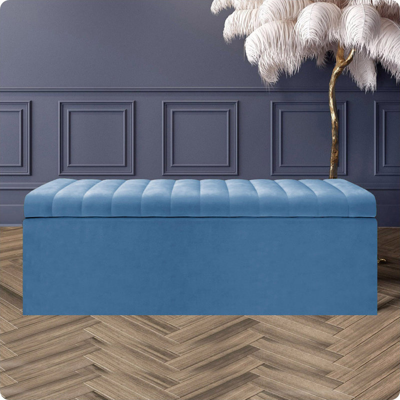 Safar Wide Velvet Rectangle Solid Color Standard Ottoman Box with Storage, Duck Egg Plush Velvet, 180 cm