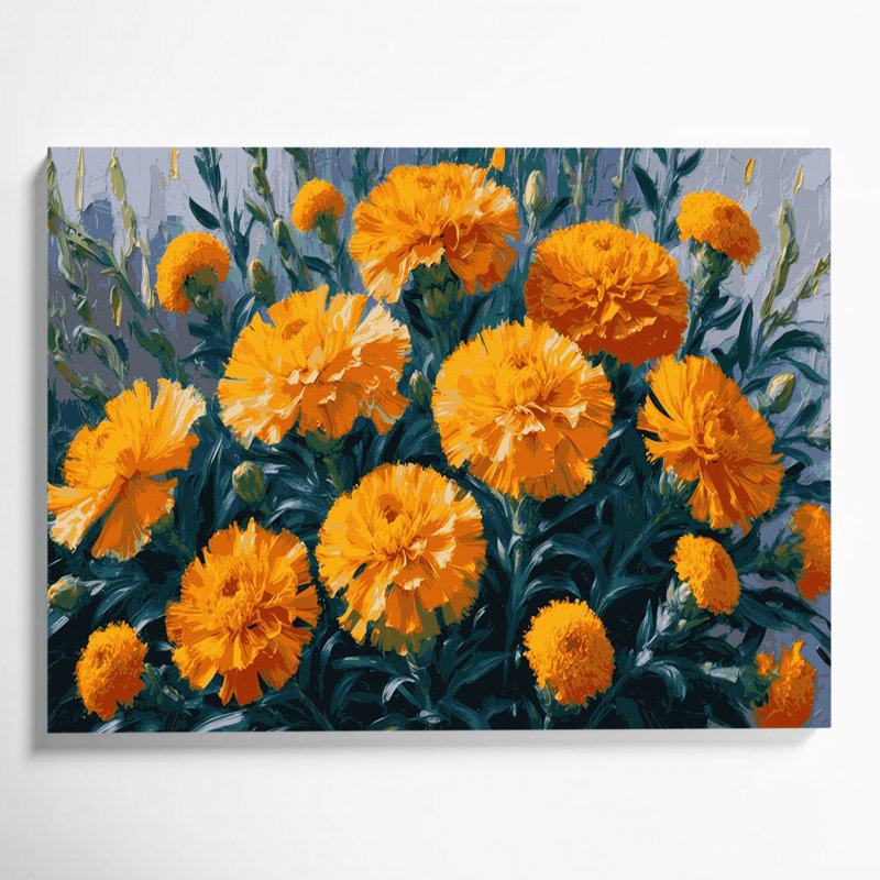 «Botanical Marigolds», art mural sur toile grise, H 12 po x l 18 po