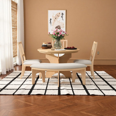 5-Piece Rustic Round Dining Set With Upholstered Chairs And Curved Bench For Kitchen Dining & Living Room