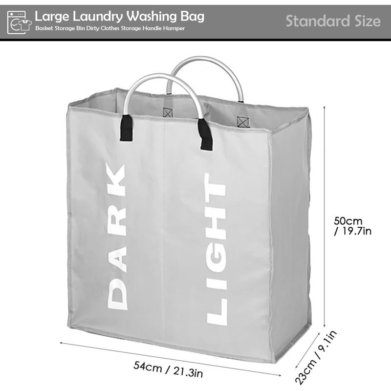 Double Compartment Large Fabric Laundry Basket With Handles (Light Grey)