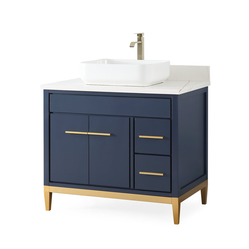 Andreka 36'' Single Bathroom Vanity with Top, White, Navy Blue