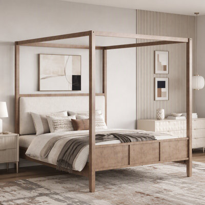 Lit plateforme à baldaquin en bois avec tête de lit tapissier