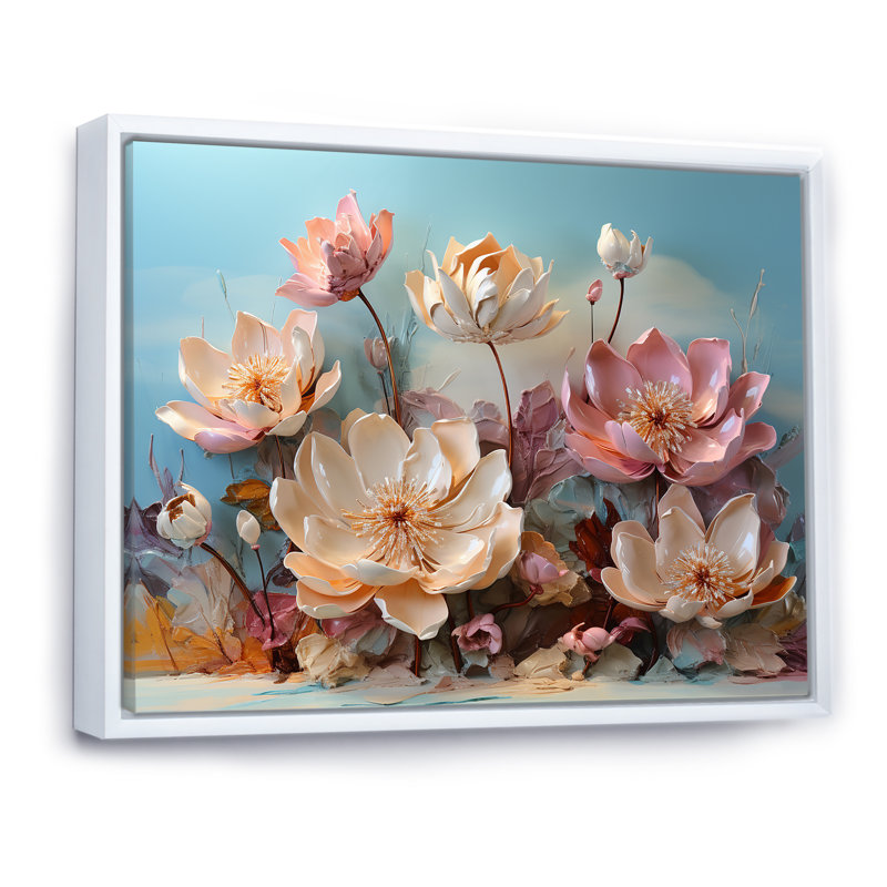 Fleur de lotus rose moderne - impression, Cadre flottant blanc, H 16 po x l 32 po x P 1 po