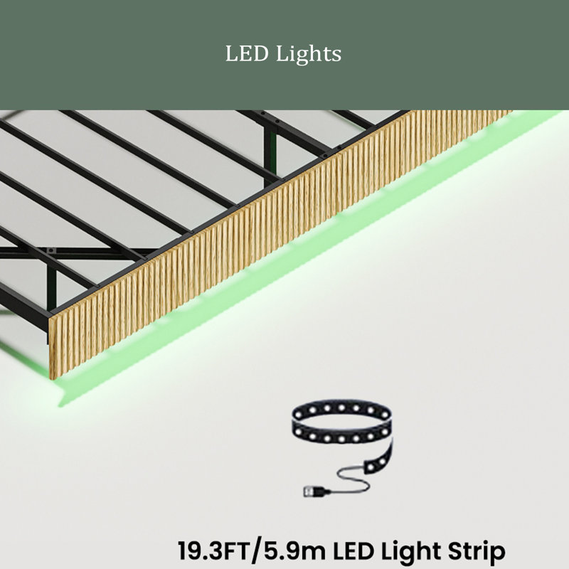 Floating Bed Frame With LED Lights, Wave Curve Wood Texture Bed With Heavy Duty Metal Slats - No Box Spring Needed, King, Oak
