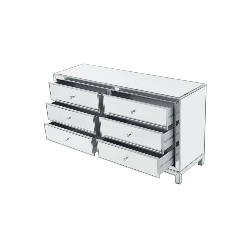 Fairgrove 60" W Solid and Manufactured Wood Glass Mirrored 6-Drawer Dresser, Antique Silver