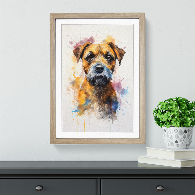 Border Terrier Gestural - Single Picture Frame Print on Wood, Oak Framed, 34cm H x 25cm W x 2cm D