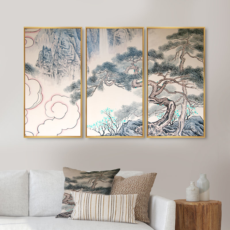 Arbre chinois chinois, art mural sur toile à motif floral, ensemble de 3, H 20 po x l 36 po, Or