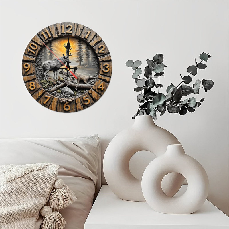 Rustic Wood Deer Family Wall Clock