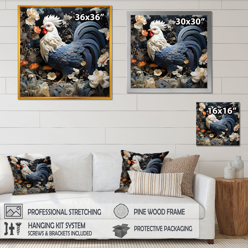 Coq dans un jardin de fleurs II, Cadre flottant doré, H 16 po x l 16 po x P 1 po