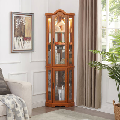 Corner Cabinet, Glass Oak, Glass Door, With Tempered Doors And Shelves - Elegant Display Storage