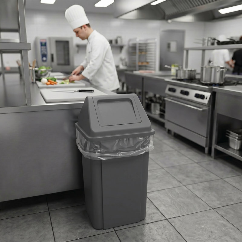 Poubelle carrée en plastique 19 gallons avec couvercle pivotant et canaux d'aération, Gris