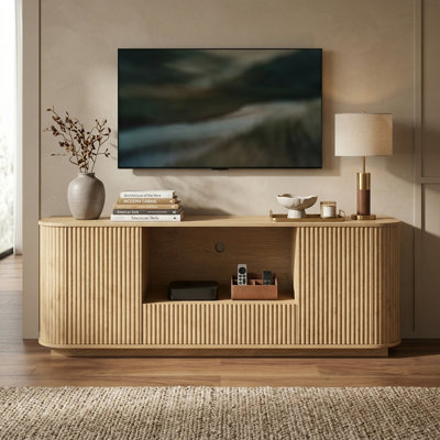 Modern 64-Inch Wavy Media Console with Rounded Edges and Vertical Stripe Design Natural Wood Storage Cabinet for Living Room Bedroom Entryway