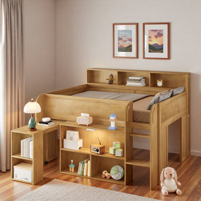 Lit mezzanine avec plusieurs tablettes de rangement, bureau et DEL