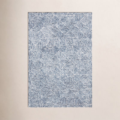 Linsly Blue Ivory Hand-Woven Geometric Wool Rug