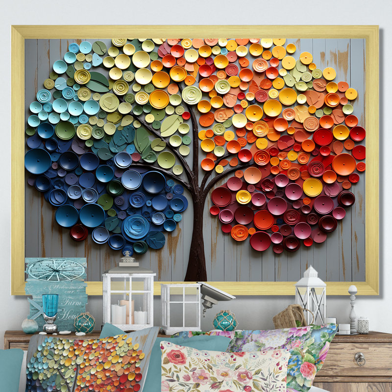 Art mural coloré arc-en-ciel coloré 4 saisons - Arbres, H 16 po x l 32 po x P 1 po, Cadre doré à coins fermés
