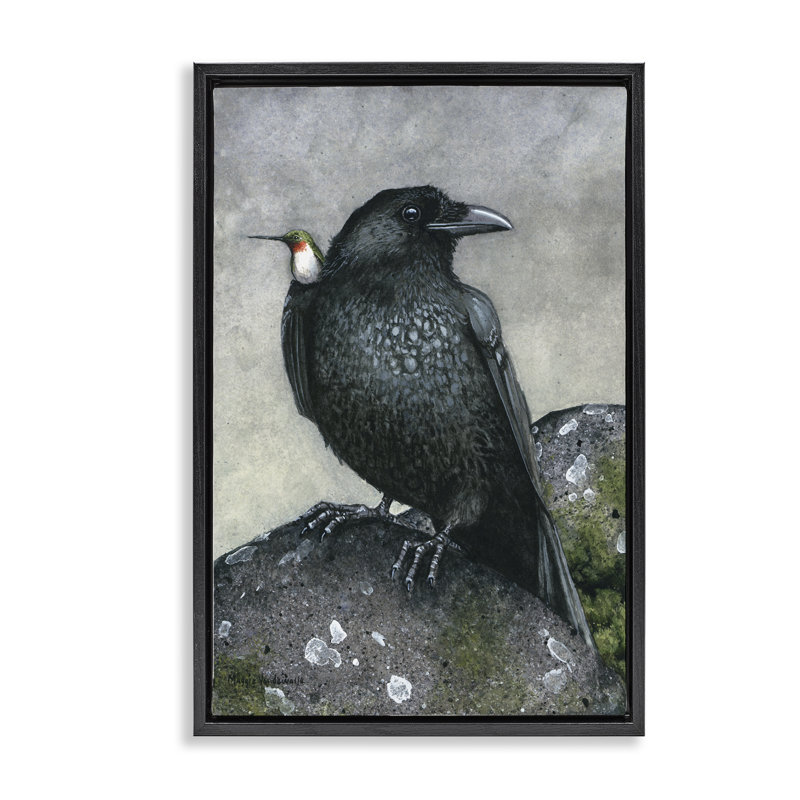 Corbeau et colibri perché sur toile flottante grise par Maggie Vandewalle, Cadre flottant noir de jais, H 25 po x l 17 po